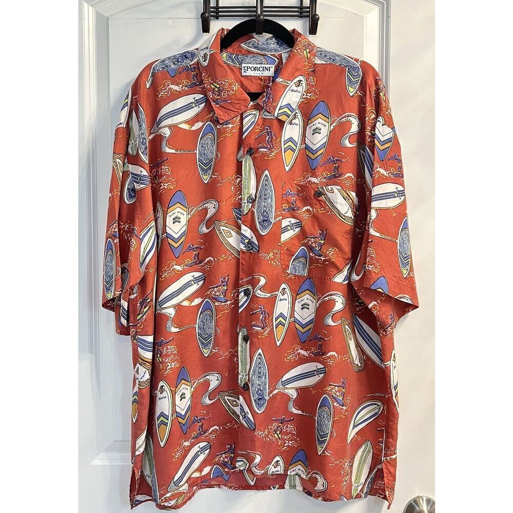 Porcini 100% Silk Shirt Surf Board Beachy Button Up Mens Sz XL Coastal Tropical